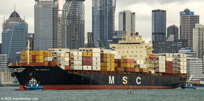 MSC ANUSHA III (2008/38322grt/46211dwt/IMO 9323041/TEU 3586, ex-ANL BAREGA , ex-WINTER D, MOL WINTER, NORDWINTER) - sails for Melbourne following her maiden call in Auckland in her current name. Operated and owned by MSC Mediterranean Shipping Co of Switzerland and managed by MSC Shipmanagement Ltd of Cyprus. 4 October 2025. Photo by Â© 2025 SeapixOnline.com